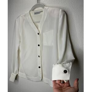 Martinique Ivory Long Sleeve V-Neck Bronze Button Up Blouse Top 6
